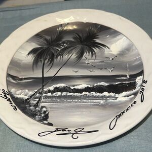 Signed Mexican Art Plate, Black and White Beach Scene, Palm‎ Trees, Seagulls